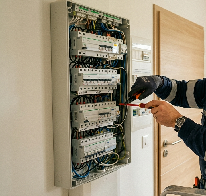 &Eacute;lectricien professionnel &agrave; Orvault en pleine intervention